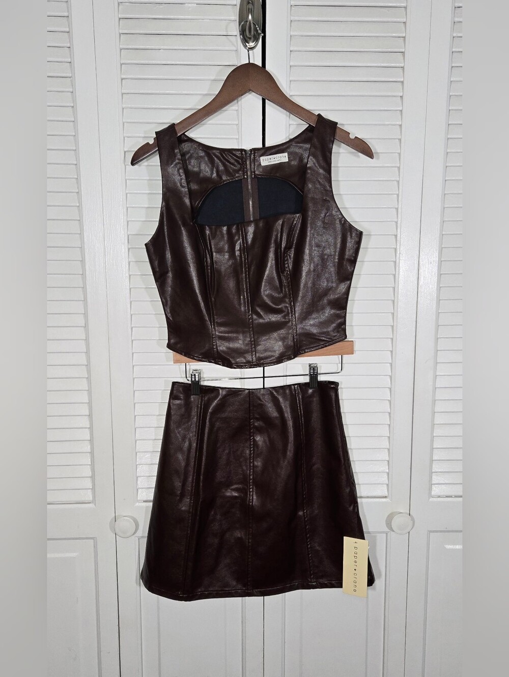 Paper Crane Anthropologie NWT Dark Brown Faux Leather Mini Dress Set Sz S